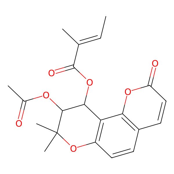 2D Structure of 2-methyl-2-butenoic acid [(9R,10R)-9-acetyloxy-8,8-dimethyl-2-oxo-9,10-dihydropyrano[2,3-f][1]benzopyran-10-yl] ester