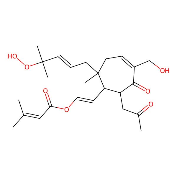 2D Structure of 2-[2-(4-Hydroperoxy-4-methylpent-2-enyl)-5-(hydroxymethyl)-2-methyl-6-oxo-7-(2-oxopropyl)cyclohept-4-en-1-yl]ethenyl 3-methylbut-2-enoate