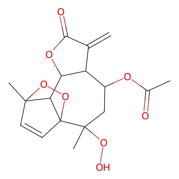 2D Structure of (2-Hydroperoxy-2,11-dimethyl-6-methylidene-7-oxo-8,12,13-trioxatetracyclo[9.2.2.01,10.05,9]pentadec-14-en-4-yl) acetate