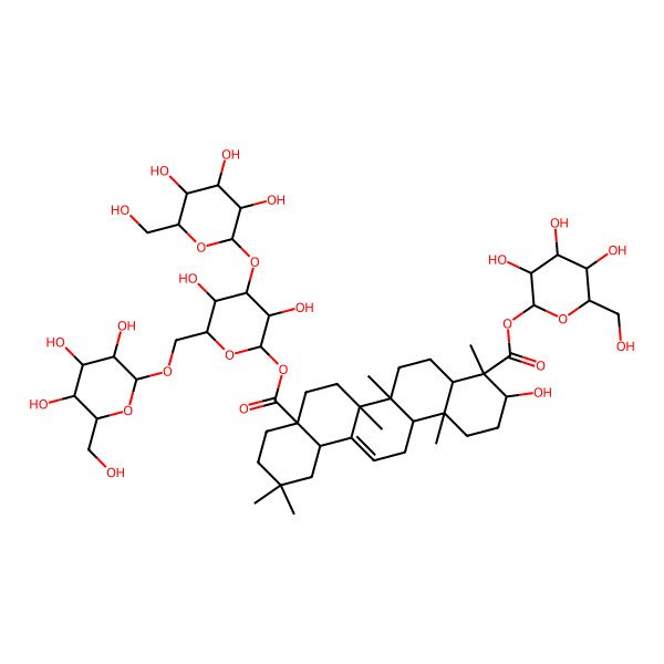 2D Structure of 8a-O-[3,5-dihydroxy-4-[3,4,5-trihydroxy-6-(hydroxymethyl)oxan-2-yl]oxy-6-[[3,4,5-trihydroxy-6-(hydroxymethyl)oxan-2-yl]oxymethyl]oxan-2-yl] 4-O-[3,4,5-trihydroxy-6-(hydroxymethyl)oxan-2-yl] 3-hydroxy-4,6a,6b,11,11,14b-hexamethyl-1,2,3,4a,5,6,7,8,9,10,12,12a,14,14a-tetradecahydropicene-4,8a-dicarboxylate