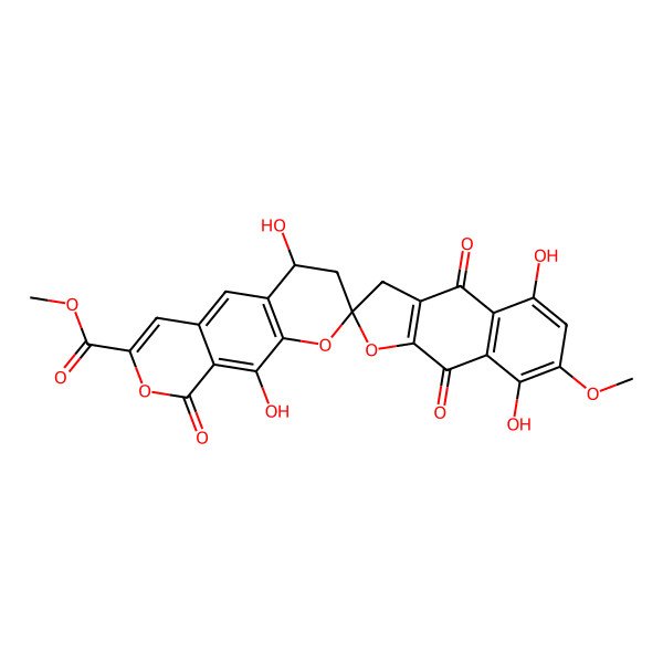 2D Structure of methyl (2R,4S)-4,5',8',10-tetrahydroxy-7'-methoxy-4',9,9'-trioxospiro[3,4-dihydropyrano[4,3-g]chromene-2,2'-3H-benzo[f][1]benzofuran]-7-carboxylate
