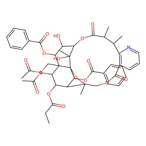 2D Structure of [(3R,14S,17S,24R,25S)-21-acetyloxy-20-(acetyloxymethyl)-19-benzoyloxy-18,25-dihydroxy-3,13,14,25-tetramethyl-6,15-dioxo-22-propanoyloxy-2,5,16-trioxa-11-azapentacyclo[15.7.1.01,20.03,23.07,12]pentacosa-7(12),8,10-trien-24-yl] benzoate