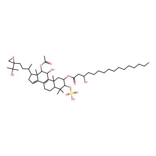 2D Structure of [(2R,3R,5R,10S,11R,12R,13R,17R)-12-acetyloxy-11-hydroxy-17-[4-[2-(2-hydroxypropan-2-yl)oxiran-2-yl]butan-2-yl]-4,4,10,13-tetramethyl-3-sulfooxy-1,2,3,5,6,7,11,12,16,17-decahydrocyclopenta[a]phenanthren-2-yl] 3-hydroxyhexadecanoate