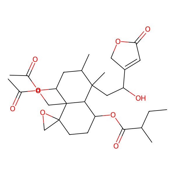 2D Structure of [(1R,4R,4aR,5S,7R,8S,8aR)-5-acetyloxy-4a-(acetyloxymethyl)-8-[(2S)-2-hydroxy-2-(5-oxo-2H-furan-3-yl)ethyl]-7,8-dimethylspiro[2,3,5,6,7,8a-hexahydro-1H-naphthalene-4,2'-oxirane]-1-yl] (2R)-2-methylbutanoate