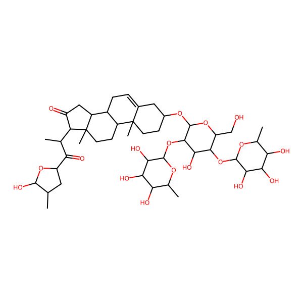2D Structure of (3S,8S,9S,10R,13S,14S,17R)-3-[(2R,3R,4S,5S,6R)-4-hydroxy-6-(hydroxymethyl)-3,5-bis[[(2S,3R,4R,5R,6S)-3,4,5-trihydroxy-6-methyloxan-2-yl]oxy]oxan-2-yl]oxy-17-[(2S)-1-[(2S,4R,5R)-5-hydroxy-4-methyloxolan-2-yl]-1-oxopropan-2-yl]-10,13-dimethyl-1,2,3,4,7,8,9,11,12,14,15,17-dodecahydrocyclopenta[a]phenanthren-16-one