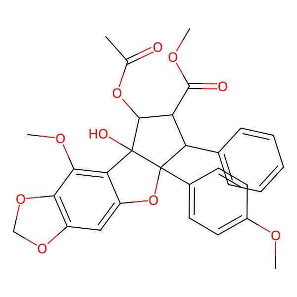2D Structure of Methyl 11-acetyloxy-10-hydroxy-8-methoxy-14-(4-methoxyphenyl)-13-phenyl-4,6,15-trioxatetracyclo[7.6.0.03,7.010,14]pentadeca-1,3(7),8-triene-12-carboxylate