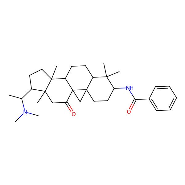 2D Structure of N-[15-[1-(dimethylamino)ethyl]-7,7,12,16-tetramethyl-18-oxo-6-pentacyclo[9.7.0.01,3.03,8.012,16]octadecanyl]benzamide