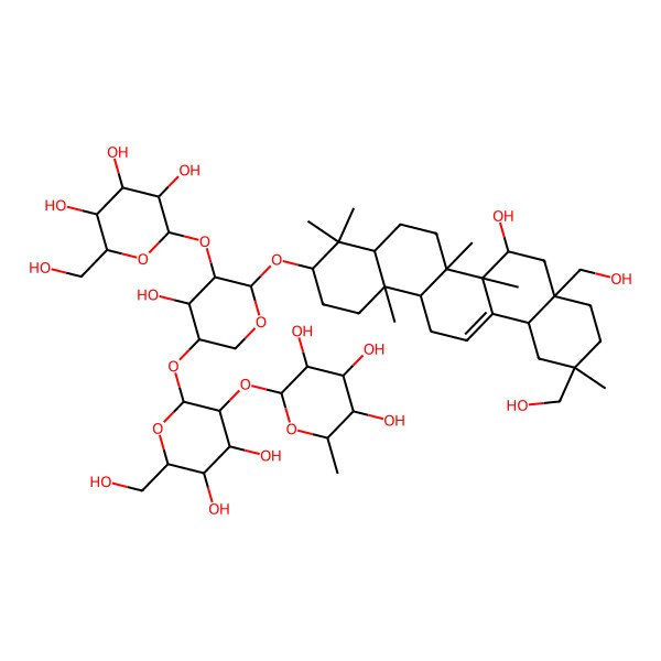 2D Structure of (2S,3R,4R,5R,6S)-2-[(2S,3R,4S,5S,6R)-2-[(3S,4S,5R,6S)-6-[[(3S,4aR,6aR,6bS,7S,8aS,11S,12aS,14aR,14bR)-7-hydroxy-8a,11-bis(hydroxymethyl)-4,4,6a,6b,11,14b-hexamethyl-1,2,3,4a,5,6,7,8,9,10,12,12a,14,14a-tetradecahydropicen-3-yl]oxy]-4-hydroxy-5-[(2S,3R,4S,5S,6R)-3,4,5-trihydroxy-6-(hydroxymethyl)oxan-2-yl]oxyoxan-3-yl]oxy-4,5-dihydroxy-6-(hydroxymethyl)oxan-3-yl]oxy-6-methyloxane-3,4,5-triol