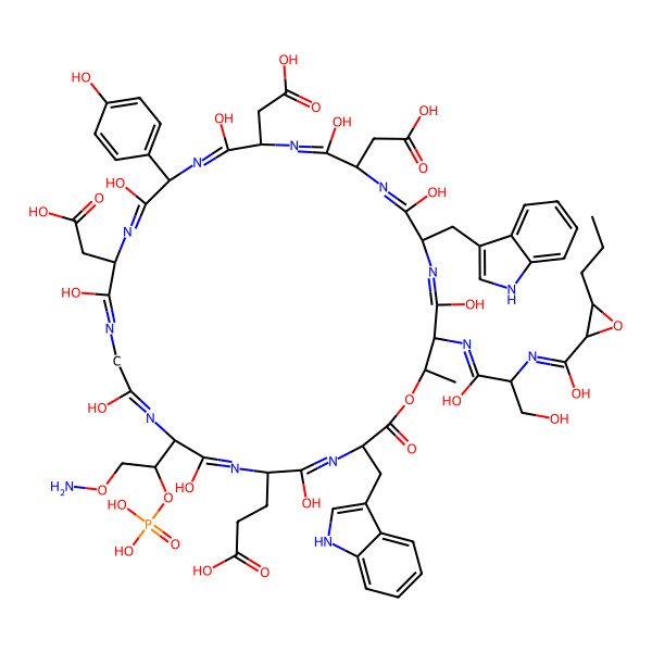 2D Structure of 3-[(6S,9R,15S,18R,21S,24S,27R,30S,31R)-9-[(1S)-2-aminooxy-1-phosphonooxyethyl]-15,21,24-tris(carboxymethyl)-30-[[(2S)-1,3-dihydroxy-2-[[hydroxy-(3-propyloxiran-2-yl)methylidene]amino]propylidene]amino]-5,8,11,14,17,20,23,26,29-nonahydroxy-18-(4-hydroxyphenyl)-3,27-bis(1H-indol-3-ylmethyl)-31-methyl-2-oxo-1-oxa-4,7,10,13,16,19,22,25,28-nonazacyclohentriaconta-4,7,10,13,16,19,22,25,28-nonaen-6-yl]propanoic acid