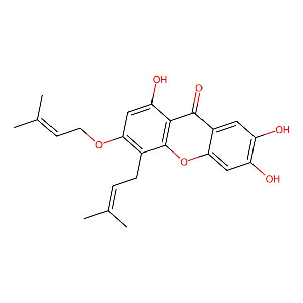 2D Structure of 1,6,7-Trihydroxy-3-(3-methylbut-2-enoxy)-4-(3-methylbut-2-enyl)xanthen-9-one