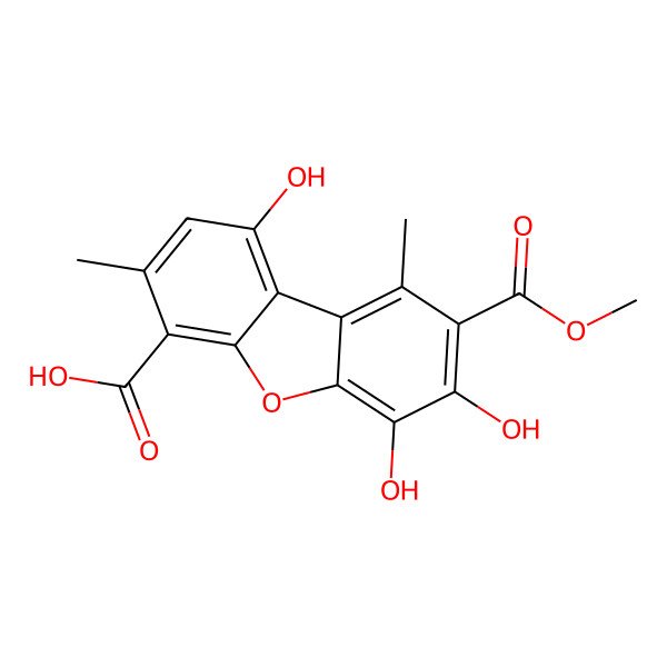 2D Structure of 1,6,7-Trihydroxy-8-methoxycarbonyl-3,9-dimethyldibenzofuran-4-carboxylic acid