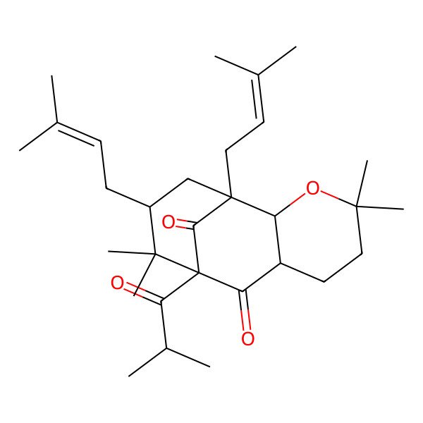 2D Structure of 4,4,10,10-Tetramethyl-1,11-bis(3-methylbut-2-enyl)-9-(2-methylpropanoyl)-3-oxatricyclo[7.3.1.02,7]tridecane-8,13-dione