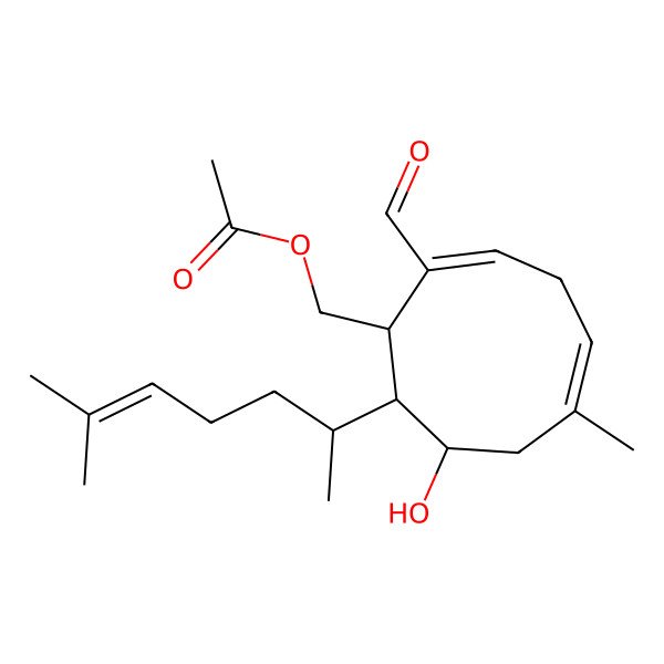 2D Structure of [(2E,5E,8S)-2-formyl-8-hydroxy-6-methyl-9-[(2S)-6-methylhept-5-en-2-yl]cyclonona-2,5-dien-1-yl]methyl acetate
