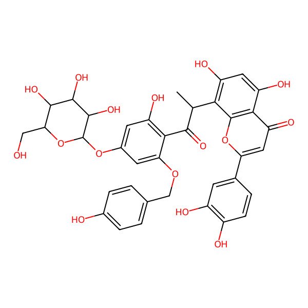 2D Structure of 2-(3,4-dihydroxyphenyl)-5,7-dihydroxy-8-[(2S)-1-[2-hydroxy-6-[(4-hydroxyphenyl)methoxy]-4-[(2S,3R,4S,5S,6R)-3,4,5-trihydroxy-6-(hydroxymethyl)oxan-2-yl]oxyphenyl]-1-oxopropan-2-yl]chromen-4-one