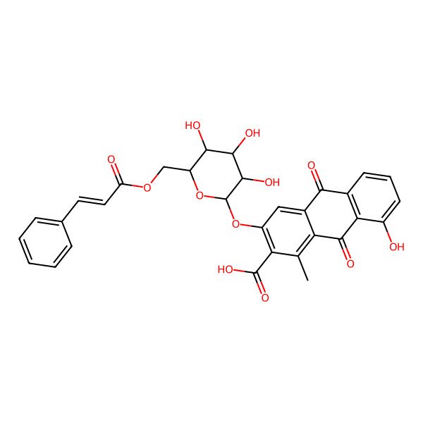 2D Structure of 8-hydroxy-1-methyl-9,10-dioxo-3-[(2S,3R,4S,5S,6R)-3,4,5-trihydroxy-6-[[(E)-3-phenylprop-2-enoyl]oxymethyl]oxan-2-yl]oxyanthracene-2-carboxylic acid