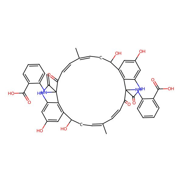 2D Structure of 2-[[(2S,4E,6E,9S,17S,19E,21E,24S)-24-(2-carboxyanilino)-2,14,17,29-tetrahydroxy-5,20-dimethyl-10-methylidene-8,23,25-trioxo-11,26-diazapentacyclo[22.6.1.19,12.027,31.016,32]dotriaconta-1(31),4,6,12,14,16(32),19,21,27,29-decaen-9-yl]amino]benzoic acid