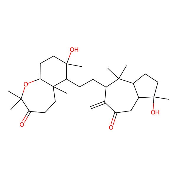 2D Structure of 7-Hydroxy-6-[2-(1-hydroxy-1,4,4-trimethyl-6-methylidene-7-oxo-2,3,3a,5,8,8a-hexahydroazulen-5-yl)ethyl]-2,2,5a,7-tetramethyl-4,5,6,8,9,9a-hexahydrobenzo[b]oxepin-3-one