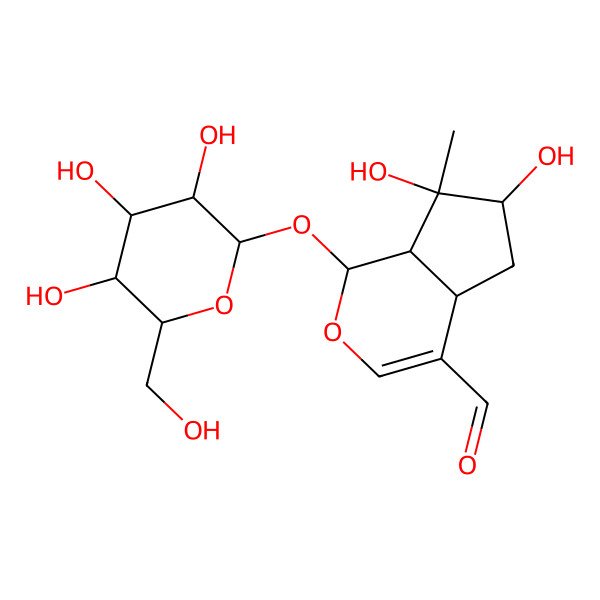 2D Structure of (1S,4aS,6S,7R,7aS)-6,7-dihydroxy-7-methyl-1-[(2S,3S,4R,5S,6R)-3,4,5-trihydroxy-6-(hydroxymethyl)oxan-2-yl]oxy-4a,5,6,7a-tetrahydro-1H-cyclopenta[c]pyran-4-carbaldehyde