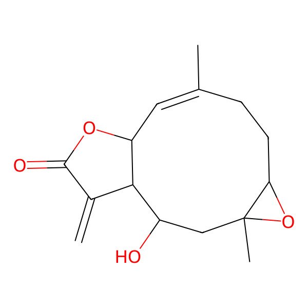 2D Structure of (1R,2R,4S,6R,9E,11R)-2-hydroxy-4,9-dimethyl-14-methylidene-5,12-dioxatricyclo[9.3.0.04,6]tetradec-9-en-13-one