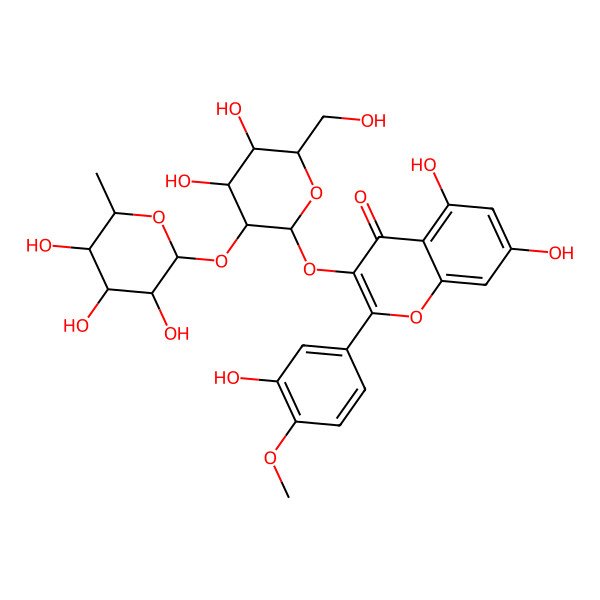 2D Structure of 3-[(2R,3S,4R,5R,6S)-4,5-dihydroxy-6-(hydroxymethyl)-3-[(2R,3S,4R,5R,6S)-3,4,5-trihydroxy-6-methyloxan-2-yl]oxyoxan-2-yl]oxy-5,7-dihydroxy-2-(3-hydroxy-4-methoxyphenyl)chromen-4-one
