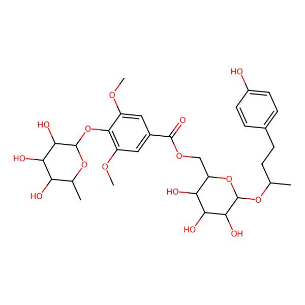 2D Structure of [3,4,5-Trihydroxy-6-[4-(4-hydroxyphenyl)butan-2-yloxy]oxan-2-yl]methyl 3,5-dimethoxy-4-(3,4,5-trihydroxy-6-methyloxan-2-yl)oxybenzoate