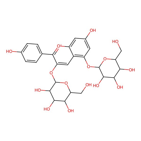 2D Structure of (2S,4S,5S)-2-[7-hydroxy-2-(4-hydroxyphenyl)-3-[(2S,5S)-3,4,5-trihydroxy-6-(hydroxymethyl)oxan-2-yl]oxychromenylium-5-yl]oxy-6-(hydroxymethyl)oxane-3,4,5-triol