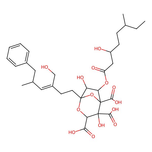 2D Structure of 4,7-Dihydroxy-1-[3-(hydroxymethyl)-5-methyl-6-phenylhex-3-enyl]-6-(3-hydroxy-6-methyloctanoyl)oxy-2,8-dioxabicyclo[3.2.1]octane-3,4,5-tricarboxylic acid