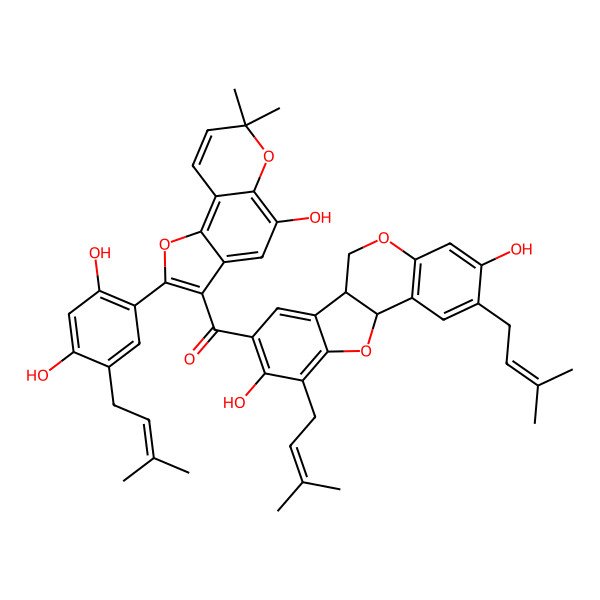 2D Structure of [3,9-dihydroxy-2,10-bis(3-methylbut-2-enyl)-6a,11a-dihydro-6H-[1]benzofuro[3,2-c]chromen-8-yl]-[2-[2,4-dihydroxy-5-(3-methylbut-2-enyl)phenyl]-5-hydroxy-7,7-dimethylfuro[2,3-f]chromen-3-yl]methanone