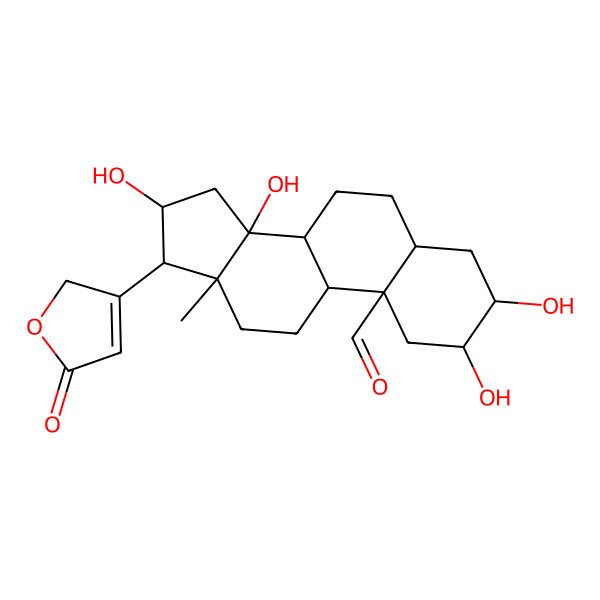 2D Structure of 2,3,14,16-tetrahydroxy-13-methyl-17-(5-oxo-2H-furan-3-yl)-1,2,3,4,5,6,7,8,9,11,12,15,16,17-tetradecahydrocyclopenta[a]phenanthrene-10-carbaldehyde