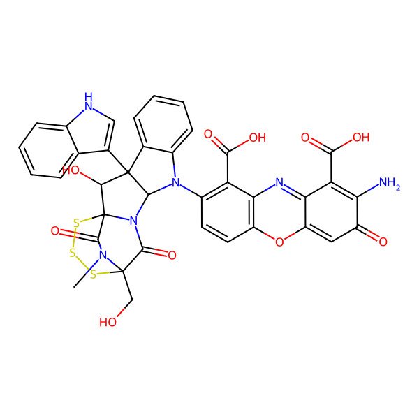 2D Structure of 2-amino-8-[2-hydroxy-14-(hydroxymethyl)-3-(1H-indol-3-yl)-19-methyl-13,18-dioxo-15,16,17-trithia-10,12,19-triazapentacyclo[12.3.2.01,12.03,11.04,9]nonadeca-4,6,8-trien-10-yl]-3-oxophenoxazine-1,9-dicarboxylic acid