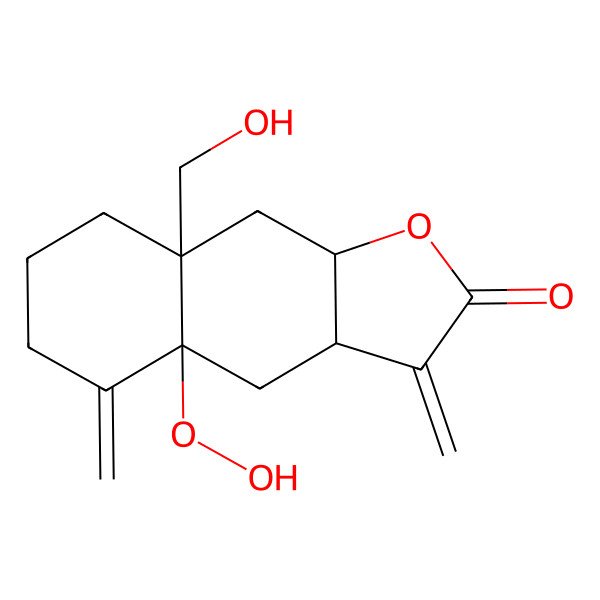 2D Structure of (3aR,4aR,8aR,9aR)-4a-hydroperoxy-8a-(hydroxymethyl)-3,5-dimethylidene-4,6,7,8,9,9a-hexahydro-3aH-benzo[f][1]benzofuran-2-one