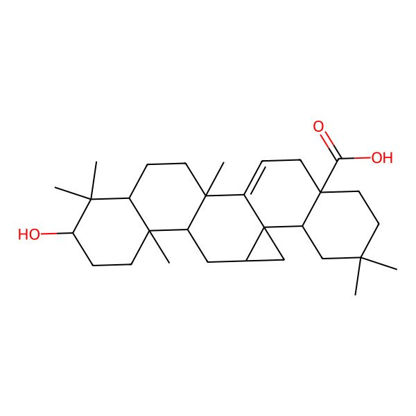 2D Structure of 9-Hydroxy-6,10,10,14,21,21-hexamethylhexacyclo[13.8.0.01,3.05,14.06,11.018,23]tricos-15-ene-18-carboxylic acid