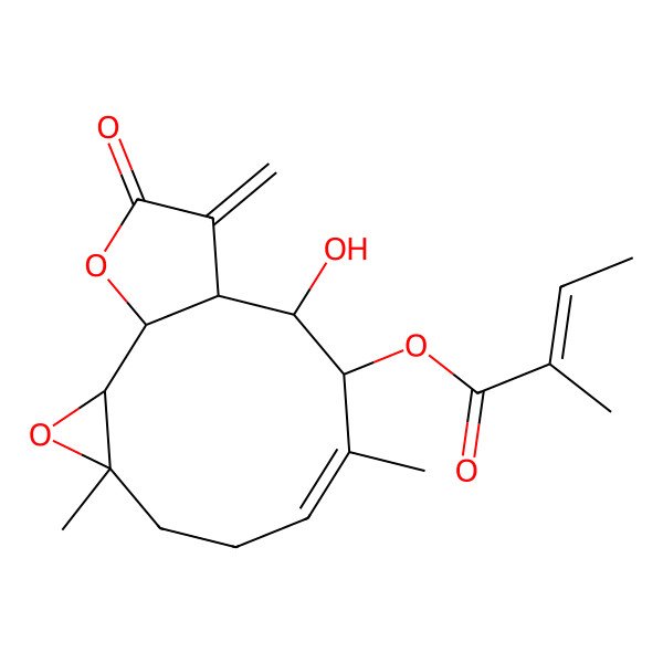 2D Structure of (10-Hydroxy-4,8-dimethyl-12-methylidene-13-oxo-3,14-dioxatricyclo[9.3.0.02,4]tetradec-7-en-9-yl) 2-methylbut-2-enoate