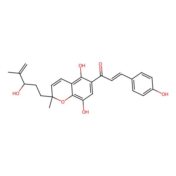 2D Structure of (E)-1-[(2S)-5,8-dihydroxy-2-[(3R)-3-hydroxy-4-methylpent-4-enyl]-2-methylchromen-6-yl]-3-(4-hydroxyphenyl)prop-2-en-1-one
