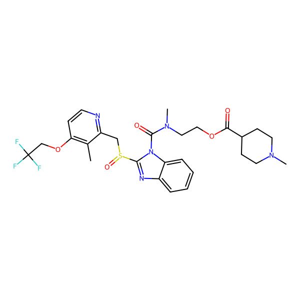 2D Structure of 2-[methyl-[2-[(R)-[3-methyl-4-(2,2,2-trifluoroethoxy)pyridin-2-yl]methylsulfinyl]benzimidazole-1-carbonyl]amino]ethyl 1-methylpiperidine-4-carboxylate