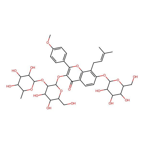 2D Structure of 3-[(2S,3R,4S,5S,6R)-4,5-dihydroxy-6-(hydroxymethyl)-3-[(2S,3R,4R,5R,6S)-3,4,5-trihydroxy-6-methyloxan-2-yl]oxyoxan-2-yl]oxy-2-(4-methoxyphenyl)-8-(3-methylbut-2-enyl)-7-[(2S,3R,4S,5S,6R)-3,4,5-trihydroxy-6-(hydroxymethyl)oxan-2-yl]oxychromen-4-one