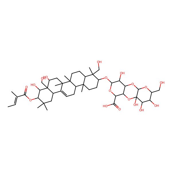 2D Structure of 13-[[8,9-Dihydroxy-4,8a-bis(hydroxymethyl)-4,6a,6b,11,11,14b-hexamethyl-10-(2-methylbut-2-enoyloxy)-1,2,3,4a,5,6,7,8,9,10,12,12a,14,14a-tetradecahydropicen-3-yl]oxy]-6,7,8,14-tetrahydroxy-5-(hydroxymethyl)-2,4,9,12-tetraoxatricyclo[8.4.0.03,8]tetradecane-11-carboxylic acid