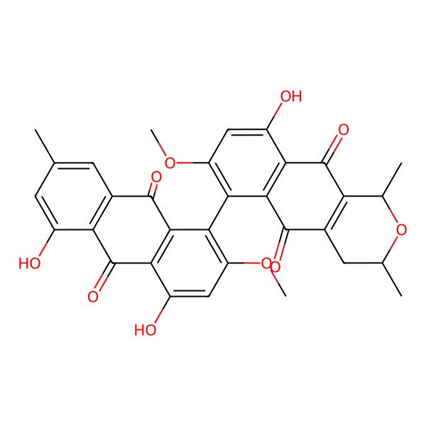 2D Structure of (1R,3S)-6-(4,5-dihydroxy-2-methoxy-7-methyl-9,10-dioxoanthracen-1-yl)-9-hydroxy-7-methoxy-1,3-dimethyl-3,4-dihydro-1H-benzo[g]isochromene-5,10-dione