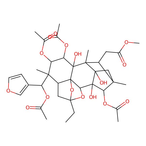 2D Structure of Methyl 2-[9,10,17-triacetyloxy-8-[acetyloxy(furan-3-yl)methyl]-5-ethyl-1,11,16-trihydroxy-8,12,14-trimethyl-4,18-dioxahexacyclo[12.2.1.12,5.03,7.03,11.012,16]octadecan-13-yl]acetate