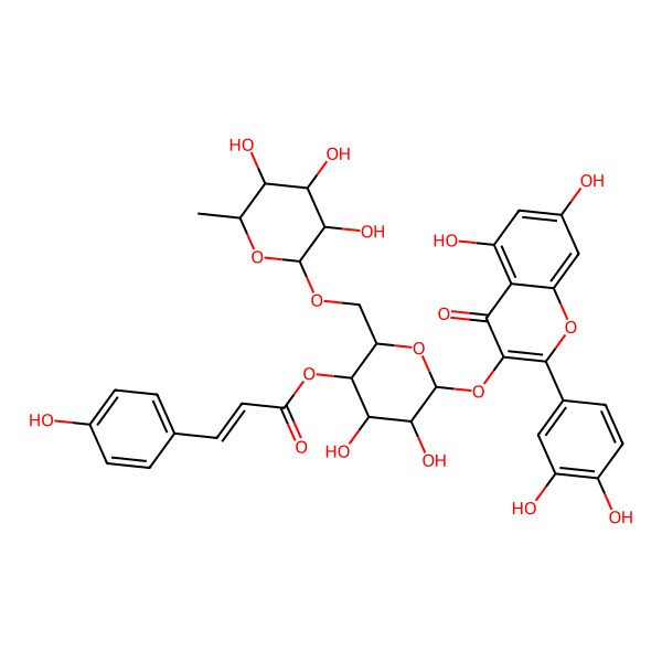 2D Structure of [(2R,3R,4R,5R,6S)-6-[2-(3,4-dihydroxyphenyl)-5,7-dihydroxy-4-oxochromen-3-yl]oxy-4,5-dihydroxy-2-[[(2S,3R,4R,5R,6S)-3,4,5-trihydroxy-6-methyloxan-2-yl]oxymethyl]oxan-3-yl] (E)-3-(4-hydroxyphenyl)prop-2-enoate