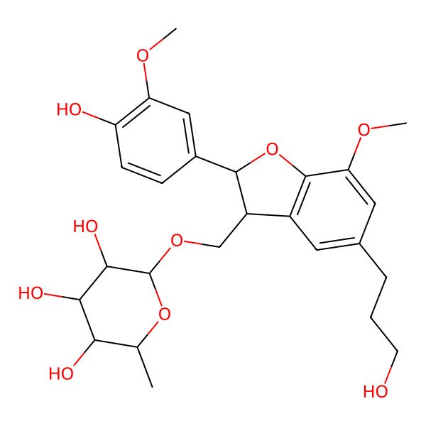 2D Structure of (2R,3R,4R,5R,6S)-2-[[(2R,3S)-2-(4-hydroxy-3-methoxyphenyl)-5-(3-hydroxypropyl)-7-methoxy-2,3-dihydro-1-benzofuran-3-yl]methoxy]-6-methyloxane-3,4,5-triol