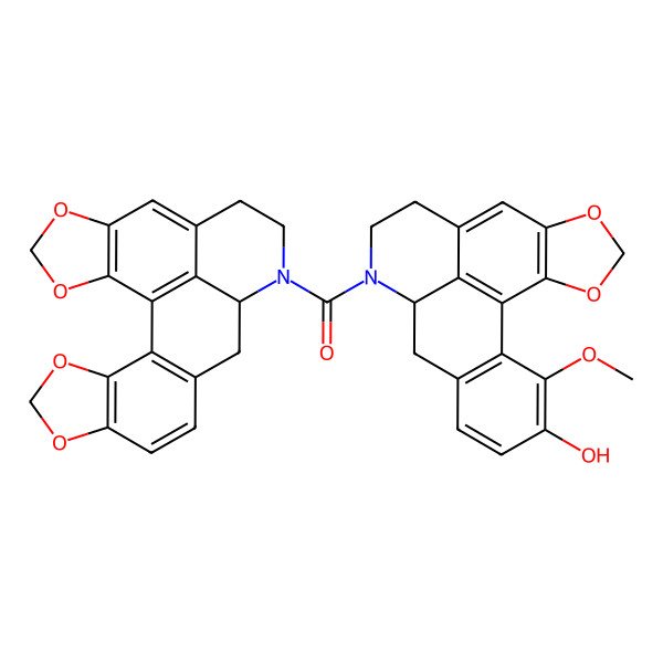 2D Structure of [(12S)-17-hydroxy-18-methoxy-3,5-dioxa-11-azapentacyclo[10.7.1.02,6.08,20.014,19]icosa-1(20),2(6),7,14(19),15,17-hexaen-11-yl]-[(12S)-4,6,19,21-tetraoxa-13-azahexacyclo[10.10.1.02,10.03,7.016,23.018,22]tricosa-1(23),2(10),3(7),8,16,18(22)-hexaen-13-yl]methanone