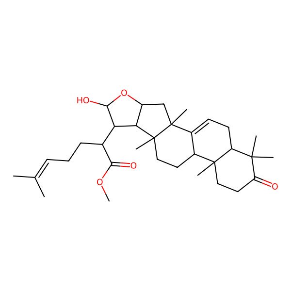 2D Structure of Methyl (2R)-2-[(4aR,6aS,7R,8S,9aS,10aS,12aR)-8-hydroxy-1,1,4a,6a,10a-pentamethyl-2-oxo-2,3,4,4a,4b,5,6,6a,6b,7,8,9a,10,10a,12,12a-hexadecahydro-1H-naphtho[2',1':4,5]indeno[2,1-b]furan-7-yl]-6-methyl-5-heptenoate