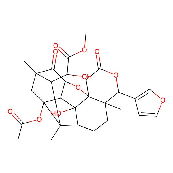 2D Structure of Methyl 2-[1-acetyloxy-8-(furan-3-yl)-3-hydroxy-7,16,18-trimethyl-10,15-dioxo-9,13-dioxahexacyclo[14.2.1.02,14.03,12.04,18.07,12]nonadecan-17-yl]-2-hydroxyacetate