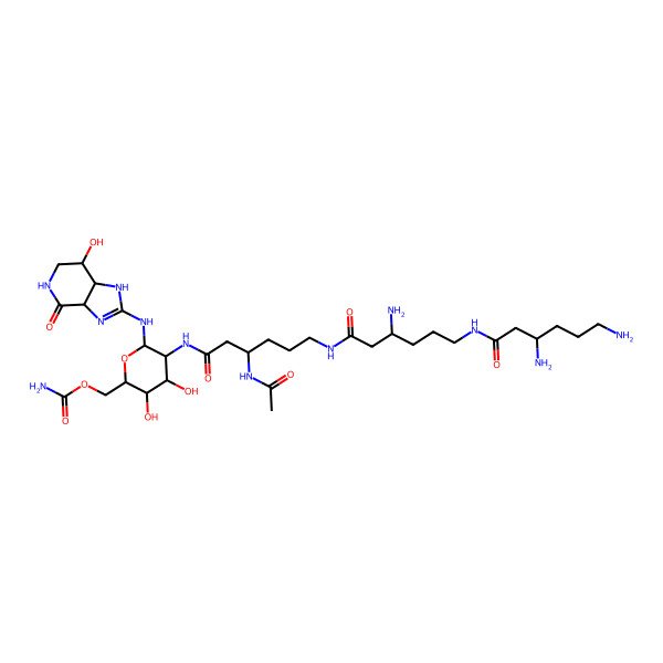 2D Structure of [5-[[3-Acetamido-6-[[3-amino-6-(3,6-diaminohexanoylamino)hexanoyl]amino]hexanoyl]amino]-3,4-dihydroxy-6-[(7-hydroxy-4-oxo-1,3a,5,6,7,7a-hexahydroimidazo[4,5-c]pyridin-2-yl)amino]oxan-2-yl]methyl carbamate