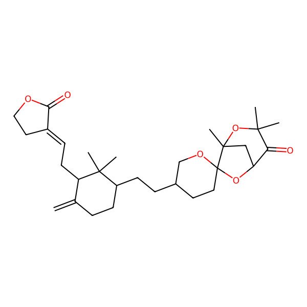 2D Structure of 5'-[2-[2,2-Dimethyl-4-methylidene-3-[2-(2-oxooxolan-3-ylidene)ethyl]cyclohexyl]ethyl]-1,3,3-trimethylspiro[2,6-dioxabicyclo[3.2.1]octane-7,2'-oxane]-4-one