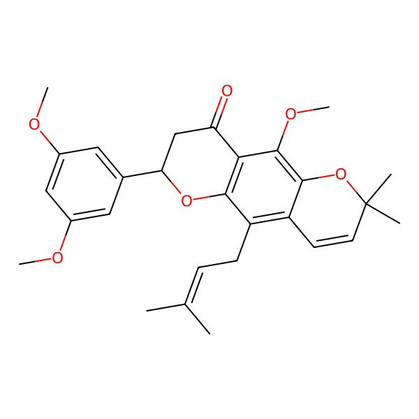 2D Structure of (7S)-7-(3,5-dimethoxyphenyl)-10-methoxy-2,2-dimethyl-5-(3-methylbut-2-enyl)-7,8-dihydropyrano[2,3-g]chromen-9-one