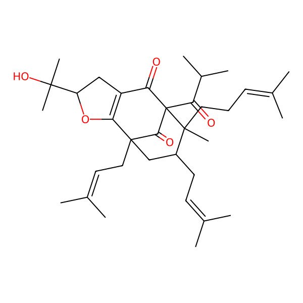 2D Structure of (1S,4R,8S,9S,10R)-4-(2-hydroxypropan-2-yl)-9-methyl-1,10-bis(3-methylbut-2-enyl)-9-(4-methylpent-3-enyl)-8-(2-methylpropanoyl)-3-oxatricyclo[6.3.1.02,6]dodec-2(6)-ene-7,12-dione