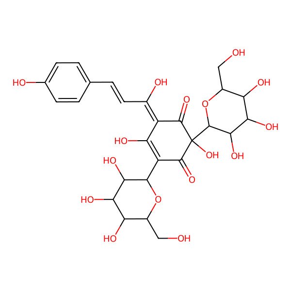 2D Structure of 2,5-dihydroxy-6-[1-hydroxy-3-(4-hydroxyphenyl)prop-2-enylidene]-2-[(2S)-3,4,5-trihydroxy-6-(hydroxymethyl)oxan-2-yl]-4-[3,4,5-trihydroxy-6-(hydroxymethyl)oxan-2-yl]cyclohex-4-ene-1,3-dione