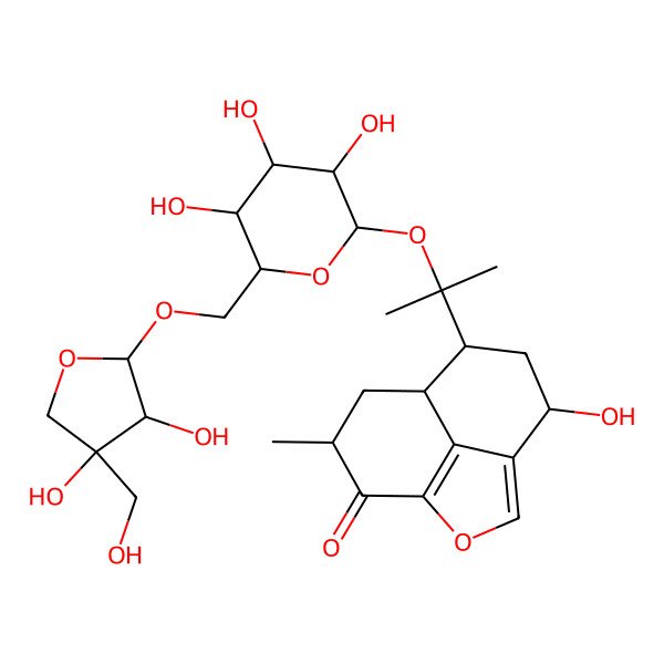 2D Structure of (5R,7S,8R,10S)-7-[2-[(2S,3R,4S,5S,6R)-6-[[(2R,3R,4R)-3,4-dihydroxy-4-(hydroxymethyl)oxolan-2-yl]oxymethyl]-3,4,5-trihydroxyoxan-2-yl]oxypropan-2-yl]-5-hydroxy-10-methyl-2-oxatricyclo[6.3.1.04,12]dodeca-1(12),3-dien-11-one
